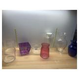 GLASS PITCHER, VASES ETC.