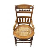 WALNUT CANED SEAT CHAIR W/ HIP RAILS, TURNED