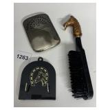 HORSE HANDLE BRUSH, VINTAGE PEACOCK LIGHTER,