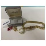 GOLD TONE BRACELET, EARRINGS AND PIN