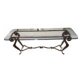 IMPRESSIVE THICK GLASS TOP TABLE W/ ORNAMENTAL