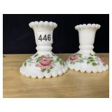MILK GLASS HAND PAINTED CANDLE STICK HOLDERS