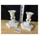 MILK GLASS DOLPHIN CANDLESTICKS