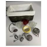 SMALL BASKET, TEA STRAINERS, SMALL GLASS PITCHERS