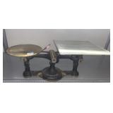 #1 SCALE W/ MILK GLASS TRAY AND BRASS TRAY