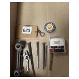SHOP STEWARD PIN, NAILS, EVANS TAPE MEASURE, ETC.