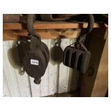 2 WOOD AND METAL PULLEYS