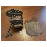 CAST IRON MATCH HOLDER, MESH PURSE, VINTAGE KEY