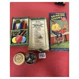 DRINKING STRAWS, THUMB TACKS, COLORED PENCILS