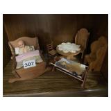 WOOD DOLL FURNITURE AND PLASTIC VINTAGE DOLL
