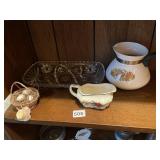 CORNING POT, CREAMER, BREAD DISH