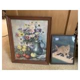 FLOWERS IN VASE, CAT ON PIANO PICTURE