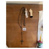 ROSARY BEADS AND 2 RELIGIOUS STATUES