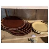 YELLOW RUSSEL WRIGHT PLATES, 7 BROWN PLATES