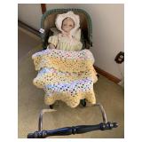 ANTIQUE HORSMAN DOLL IN ANTIQUE WICKER STROLLER