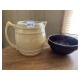POTTERY PITCHER AND BROWN WARE BOWL