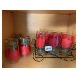 9 ROSE DRINK GLASSES W/ CADDY