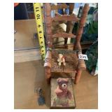RUSH SEAT DOLL ROCKING CHAIR, MINI BEAR AND