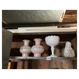 HAND PAINTED SHADES, MILK GLASS DISH