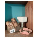 GLASS DISH OF DECORATIVE SOAPS IN WRAPPER, MILK