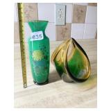 PAINTED GREEN GLASS VASE 8", SCULPTURAL GREEN AND