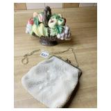 VINTAGE OFF WHITE BEADED BAG, LINING DAMAGED,