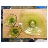 GREEN ART GLASS ITEMS, TRAY 16.5", SET OF CANDLE