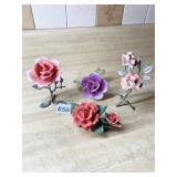 PORCELAIN DELICATE ROSE STATUES, SOME ON PEWTER
