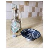 ENGRAVED SILVER FOOTED DISH, FANCY GLASS PITCHER