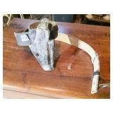 BLACK LEATHER GUN HOLSTER ON BELT, NEEDS CLEANED,