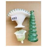 MILK GLASS FAN VASE WITH BLUE RIM, SLAG GLASS