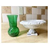 STONE MARBLE LOOK BOWL ON PEDESTAL, GREEN GLASS