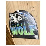 TIMBER WOLF METAL BAR SIGN 17HX18W