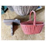 WOOD SHELF AND RED BASKET