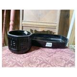 BLACK GLASS ASIAN MOTIF TRAY AND BOWL, TRAY IS
