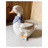 GOOSE WITH BLUE BOW COOKIE JAR, CRACK ON BASE