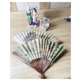ASIAN HAND FANS, FIGURINE OF ASIAN COUPLE MADE IN