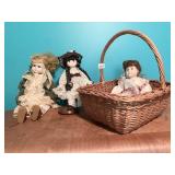 DOLLS IN FANCY DRESS, ONE ON STAND, WICKER
