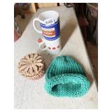 HANDMADE KNIT HAT, VINTAGE COFFEE MUGS, MOHAWK
