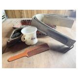 ANTIQUE BARBER ITEMS, LEATHER STRAPS, BRUSH CUP,