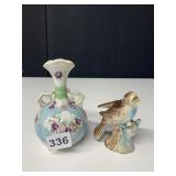 DOUBLE HANDLED BUD VASE AND BIRD FIGURE