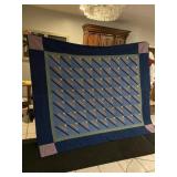 HAND STITCHED QUILT 91" X 108 BLUE BACKGROUND