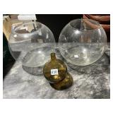AMBER BUD VASE, 2 LARGE GLASS FISH BOWLS
