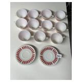 11 HAZEL ATLAS STRIPED MILK GLASS TEACUPS AND 7