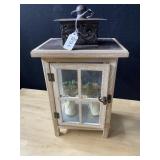 WOOD LANTERN HOLDER W/ PAIR LACE UP SHOES METAL