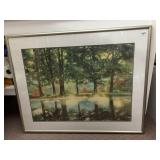 PAINTING BY A THOMPSON 1986, TREE ON LAKE SCENE