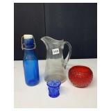GLASS PITCHER WITH APPLIED GLASS HANDLE, BLUE