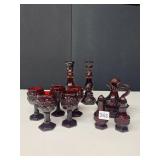 AVON RUBY GLASS CANDLE STICKS, CORDIALS, SALT AND