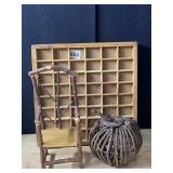 MINIATURE KNICK KNACK SHELF, WOODEN CHAIR, BALL