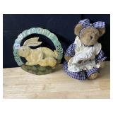 BEAR W/ APRON, AND TIN BUNNY SIGN